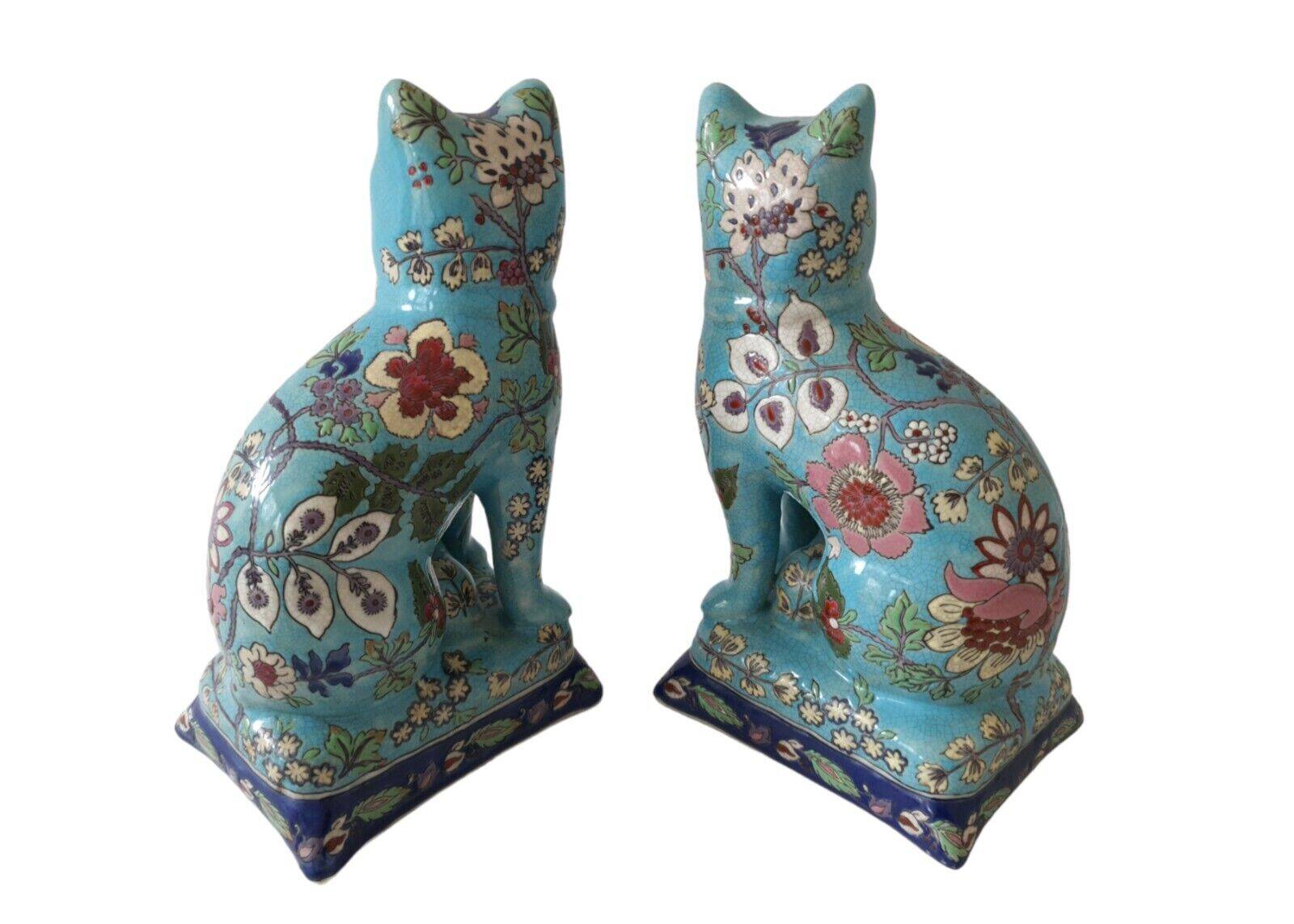 Pair Of Longwy Cross Of Lorraine Cat And Kittens Bookends Multicolored