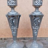 Pair of candlesticks with religious and Art Deco decor
