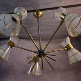 Lustre design diabolo en verre dépoli et ciselé décor floral 1950's