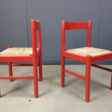 Chaises de salle à manger en laque rouge et osier, années 1970