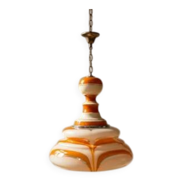 Lustre en verre soufflé à la main orange et blanc, lampe pendentif en verre d'art italien, années 1970.