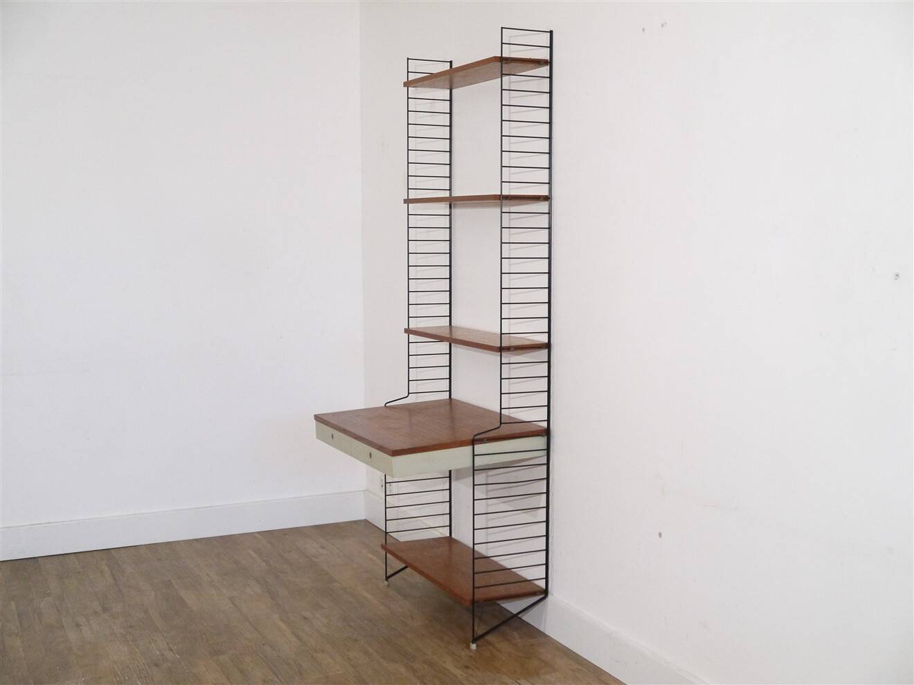 Teak wall-mounted shelf/desk, string design 1960