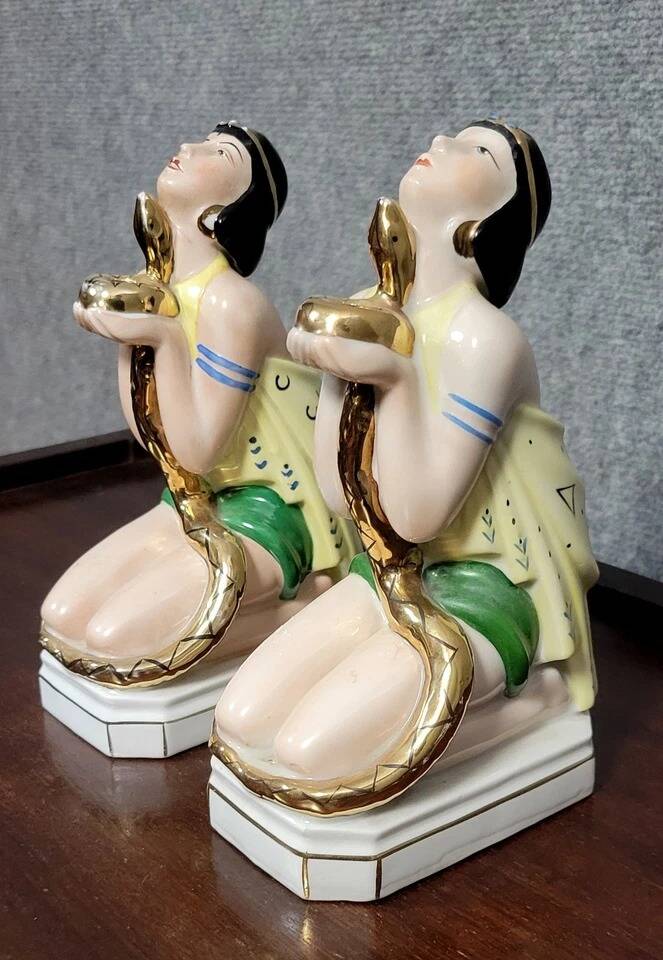 Pair of polychrome porcelain night light statues in Art Nouveau style