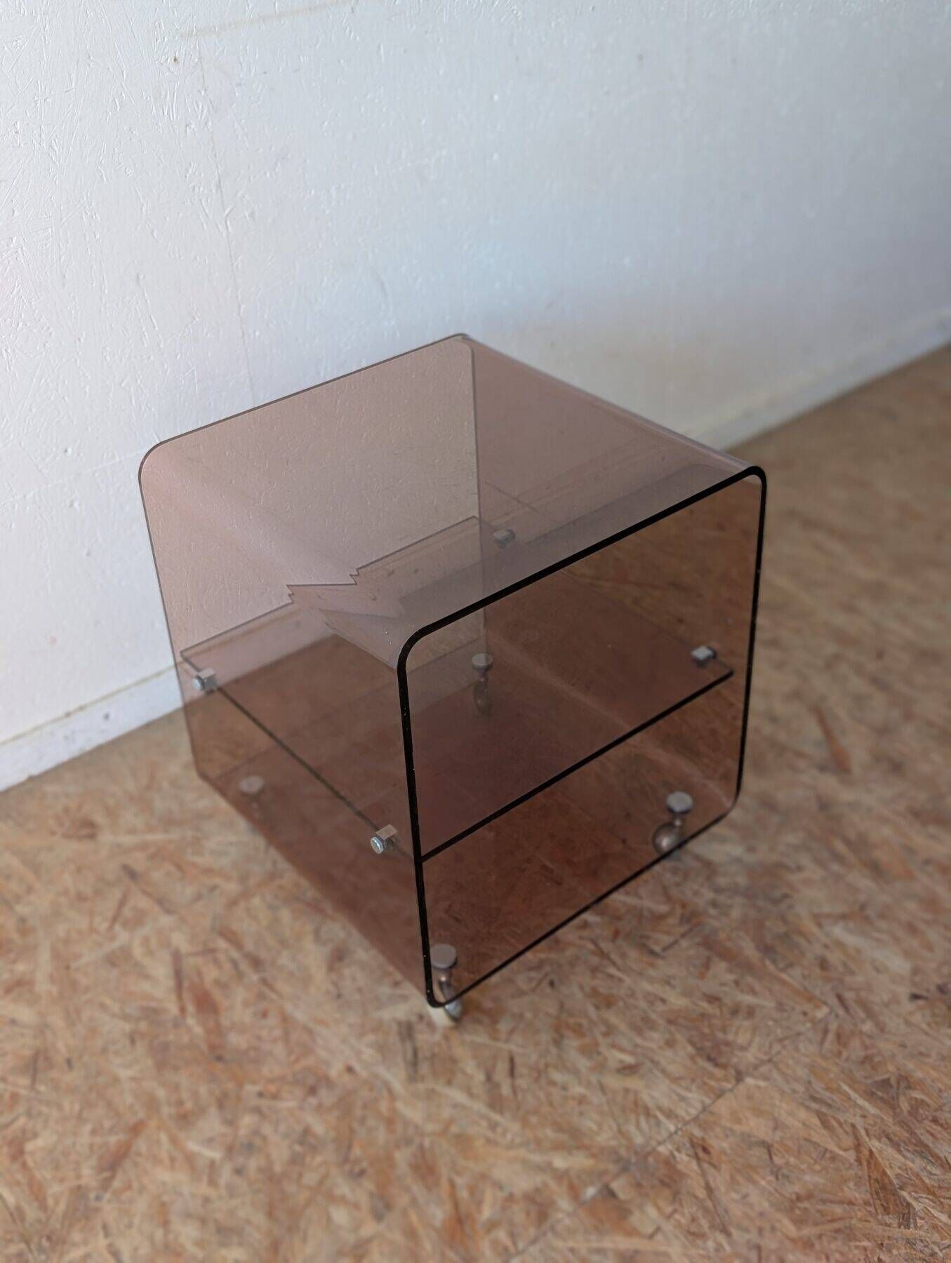 Pair of vintage smoked plexiglass bedside tables or accent furniture.