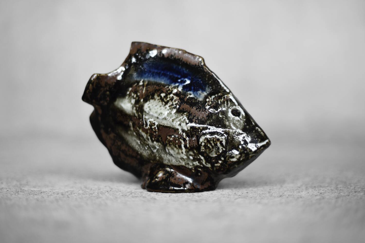 Brown stoneware and cobalt fish, vintage mid-century, modern and Scandinavian.