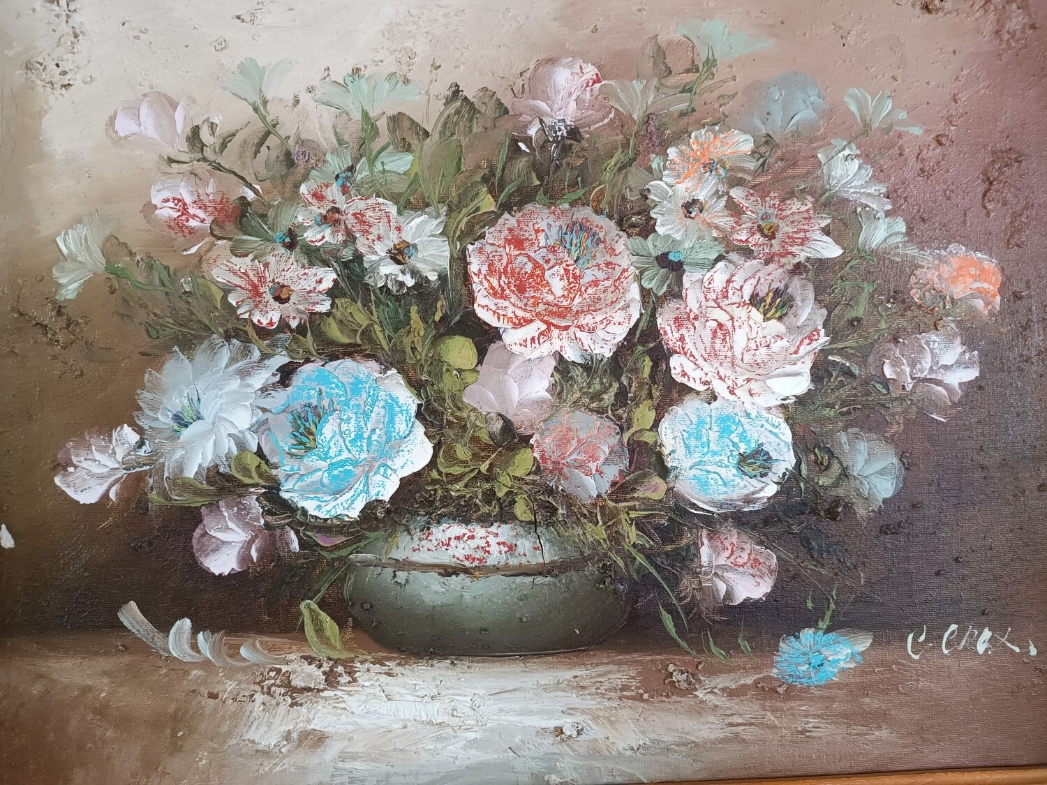 Old painting painting: bouquet of flowers in its pot