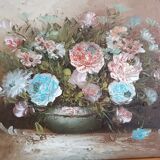 Tableau peinture ancienne bouquet de fleurs dans son pot