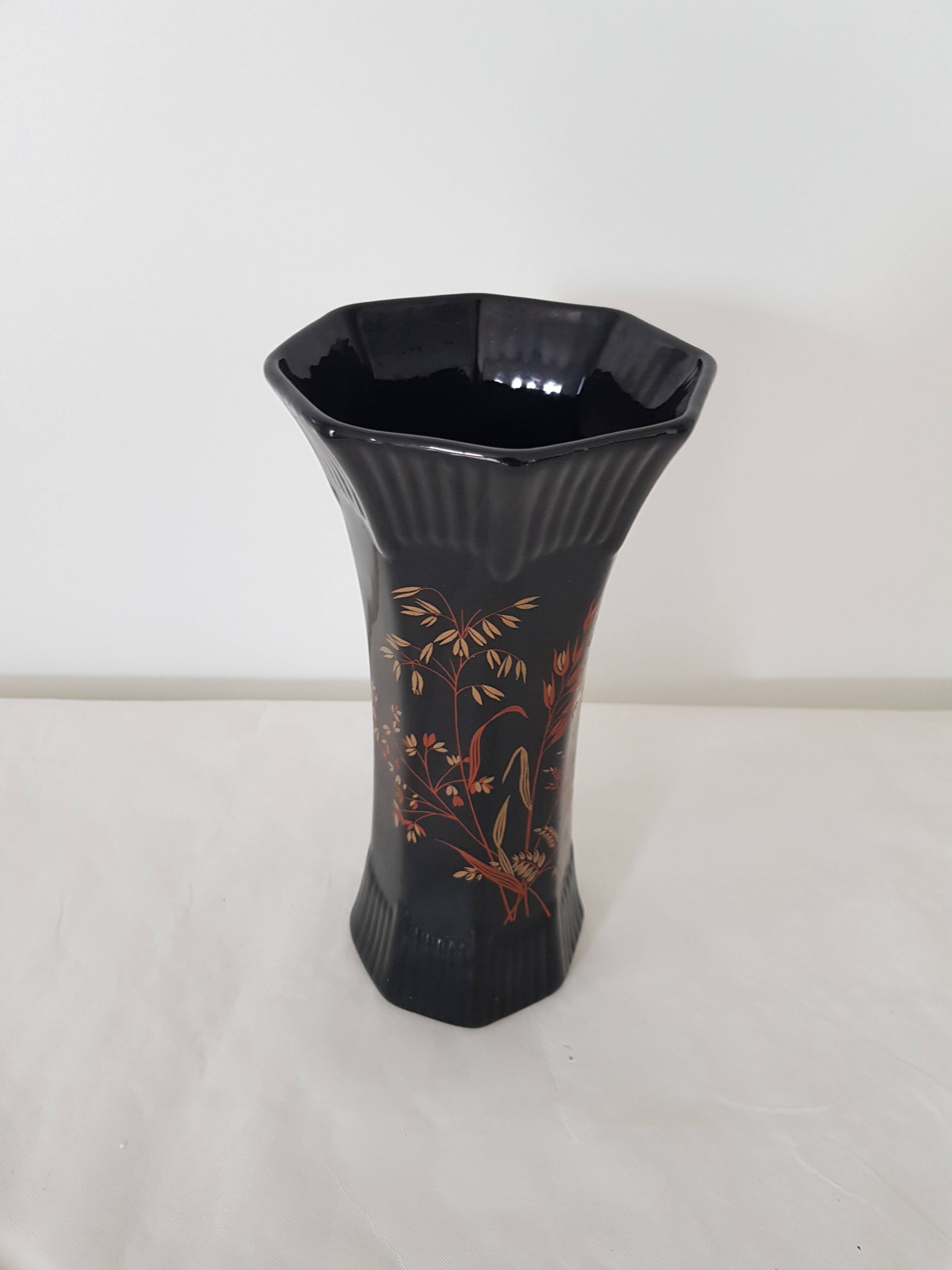 Black octagonal ceramic vase with floral pattern - Signed St Clément - vintage