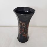 Black octagonal ceramic vase with floral pattern - Signed St Clément - vintage