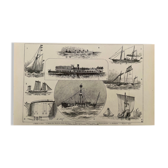 Lithographie gravure sur les bateaux de 1897