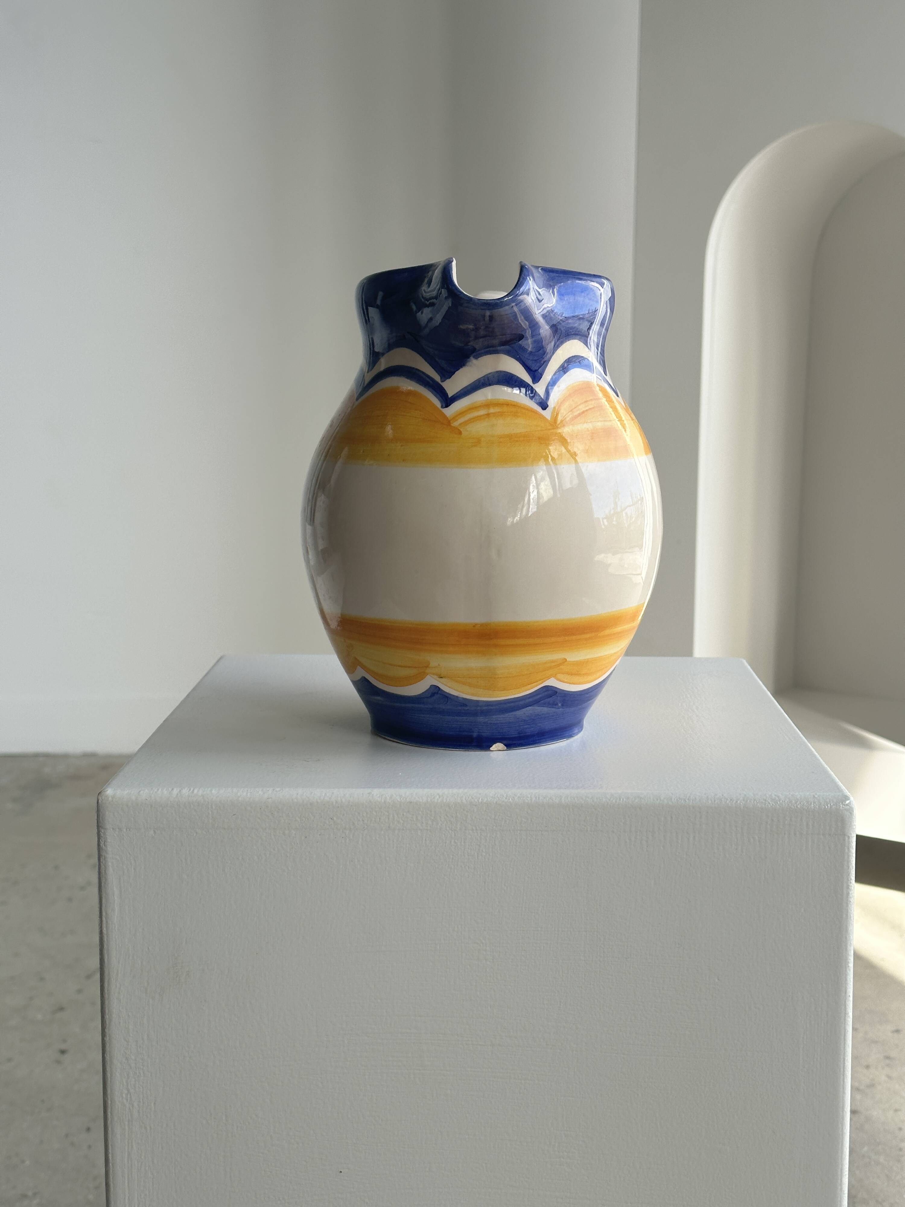 Large blue and yellow hand painted carafe H:20cm