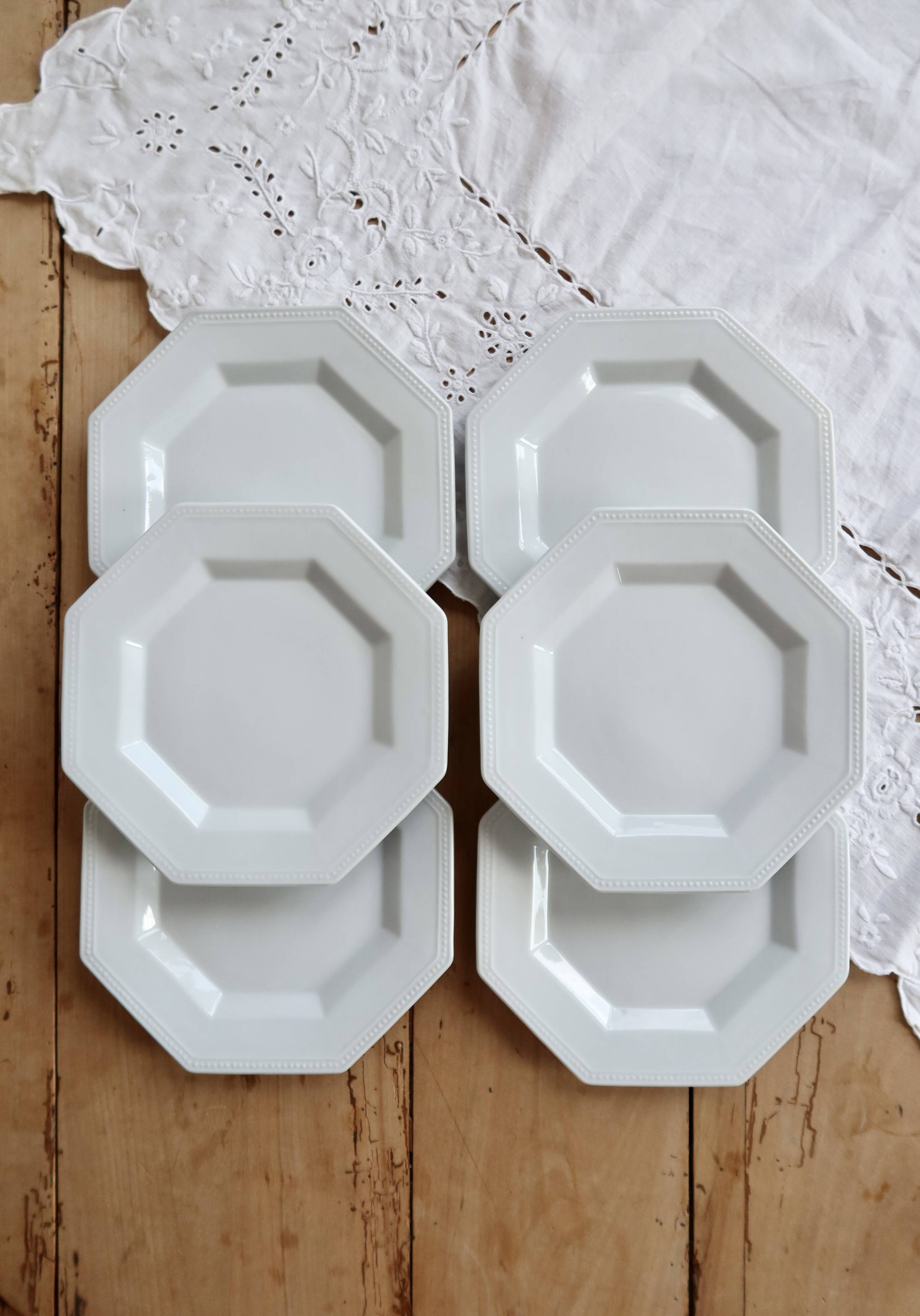 6 vintage octagonal pearl-edged porcelain dessert plates