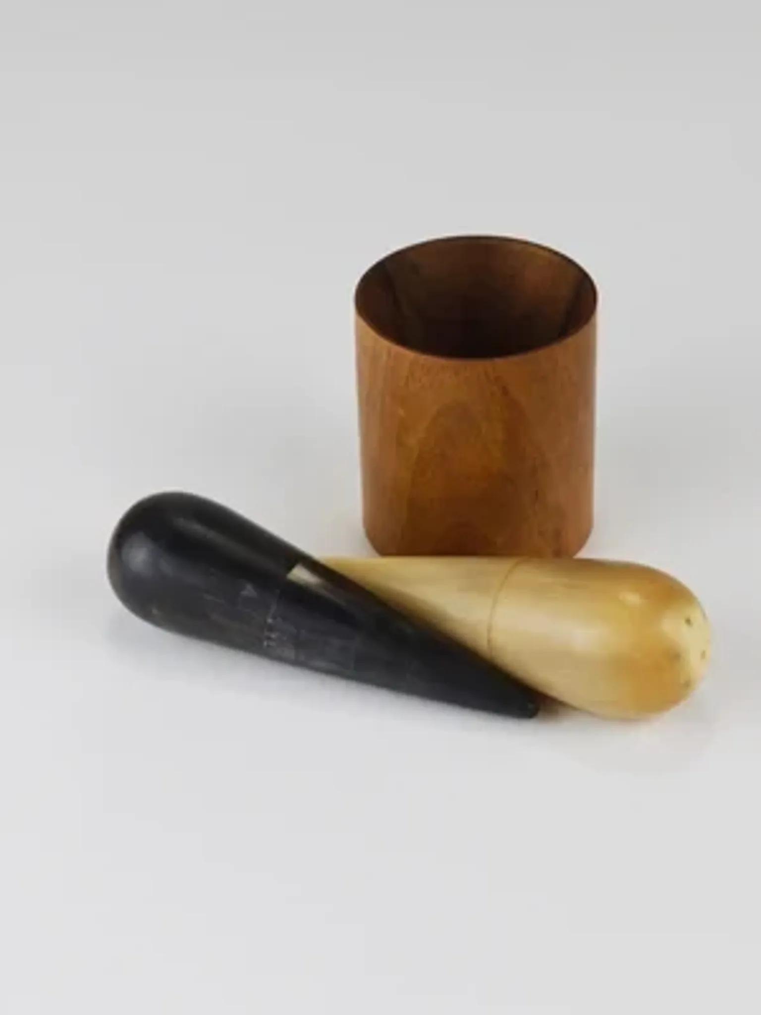 Carl Aubock II "The Bombs" salt and pepper shakers, walnut & horn, 1950s