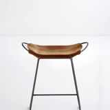 Contemporary Kitchen Counter Stool in Black Steel and Natural Tobacco Leather