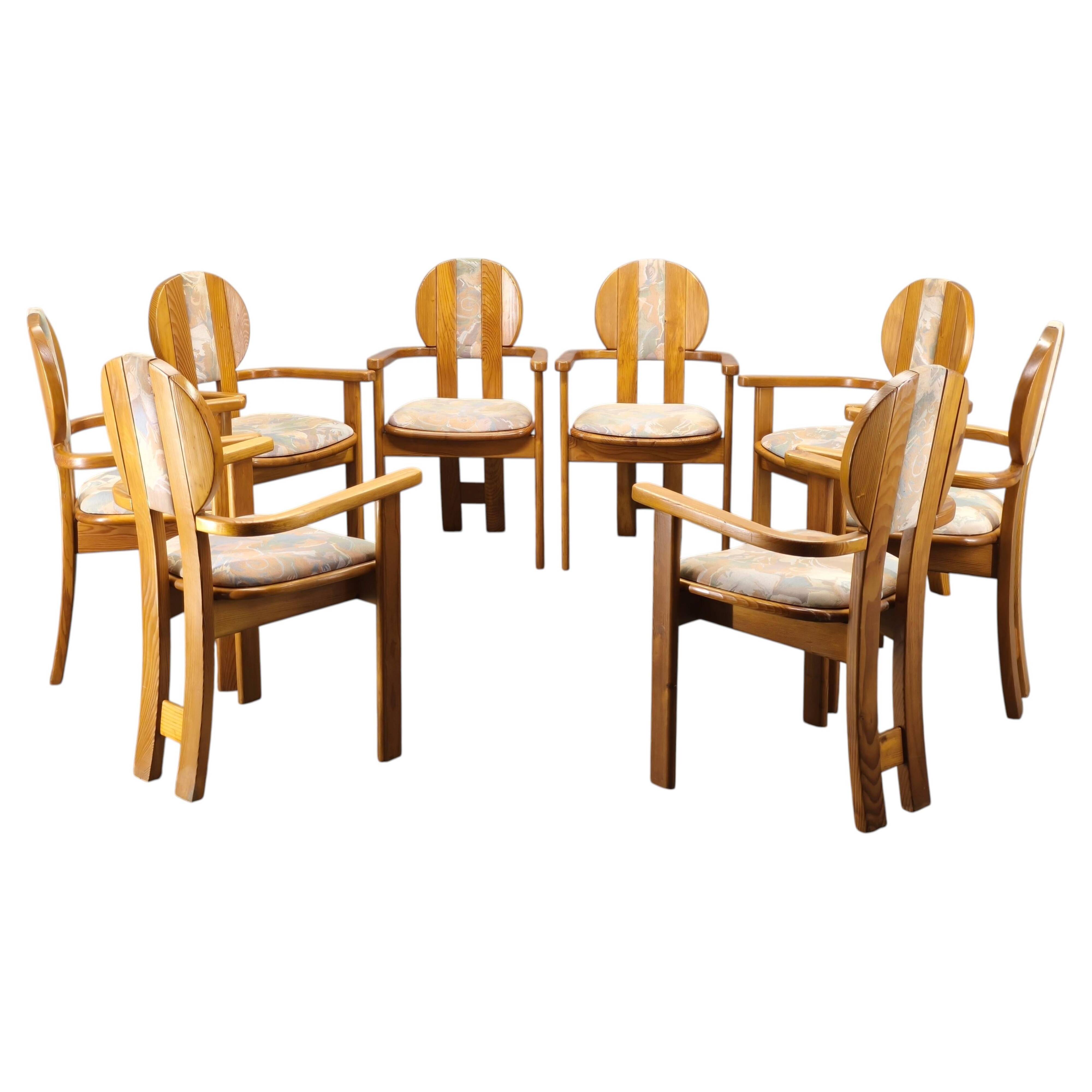 Set of 8 Czech Postmodern Pine Dining Armchairs, 1970s
