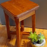 Old 4-foot stool, cross structure, varnished solid wood, 1970s