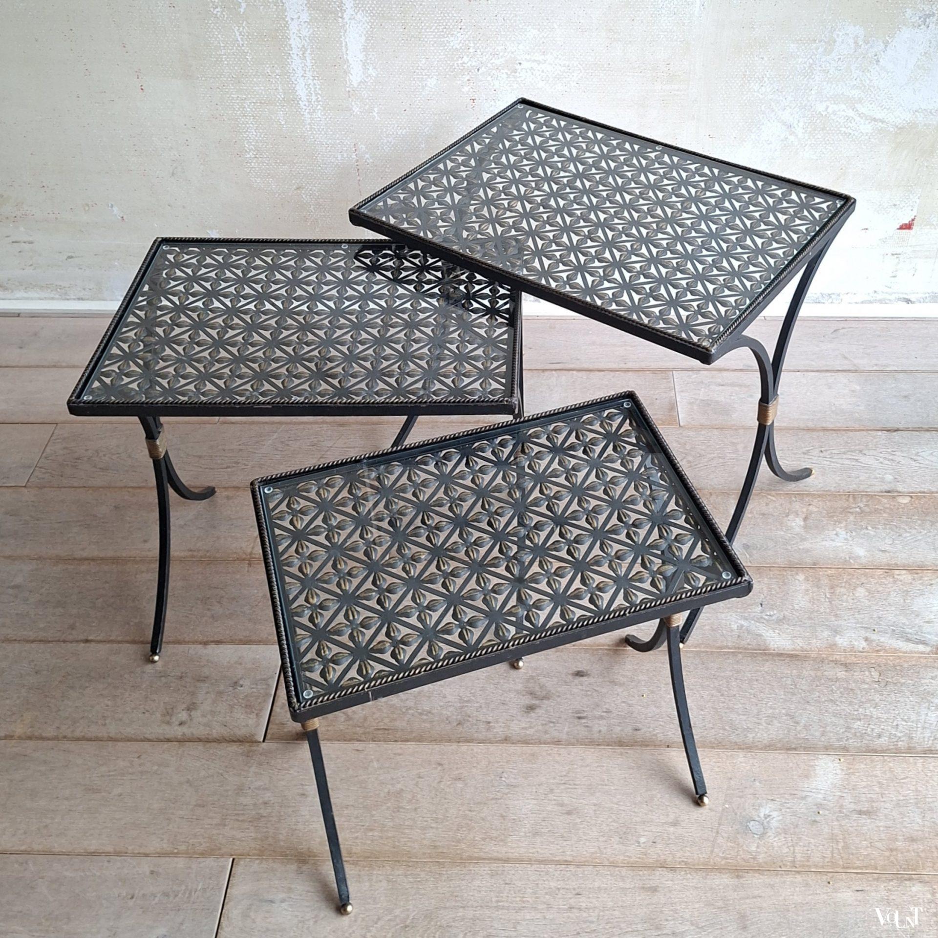 Set of 3 black wrought iron side tables with gold-coloured accents, 1950s