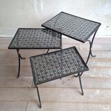 Set of 3 black wrought iron side tables with gold-coloured accents, 1950s