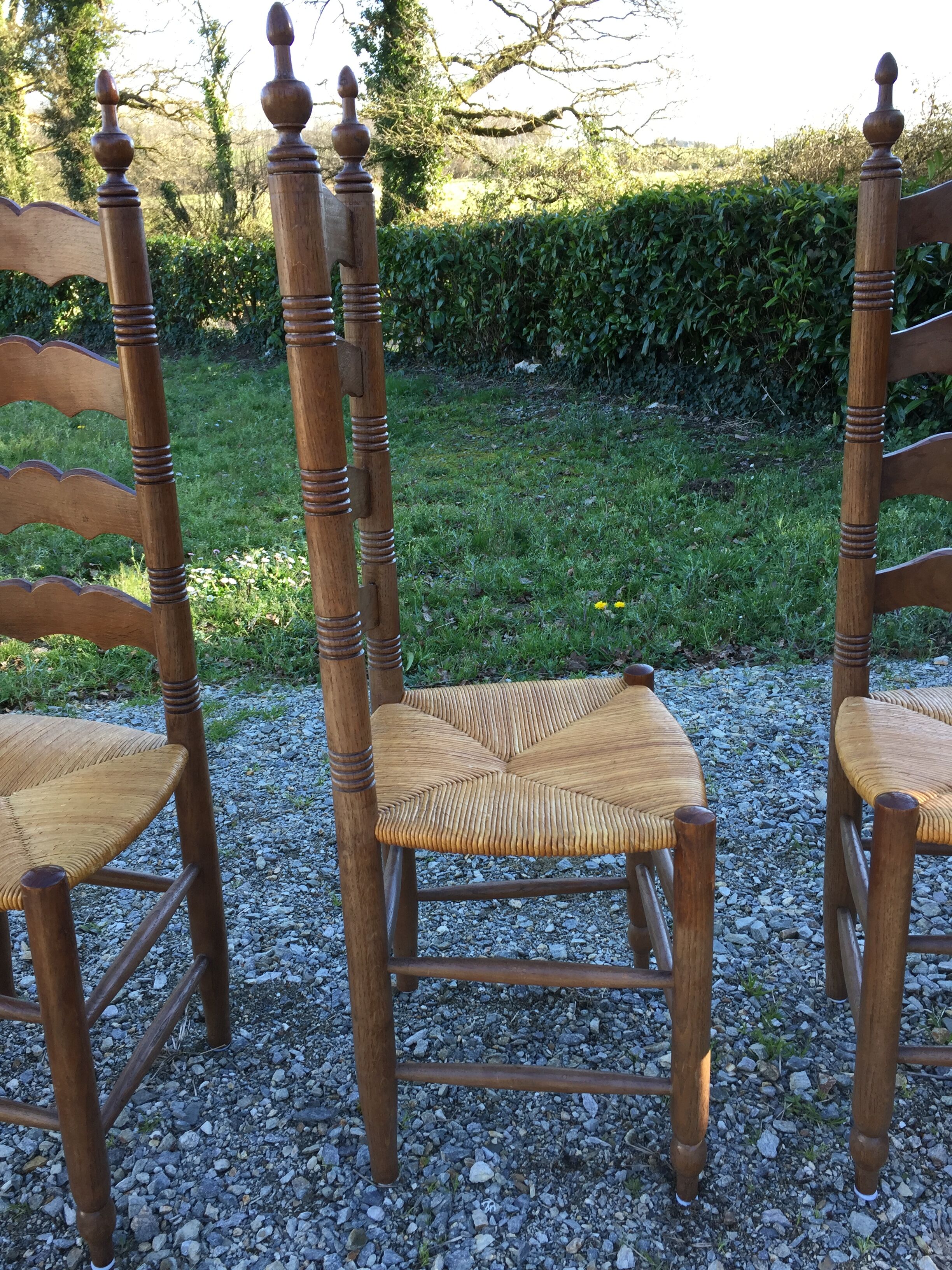 Vintage mulched chairs with high oak backrests with turned legs