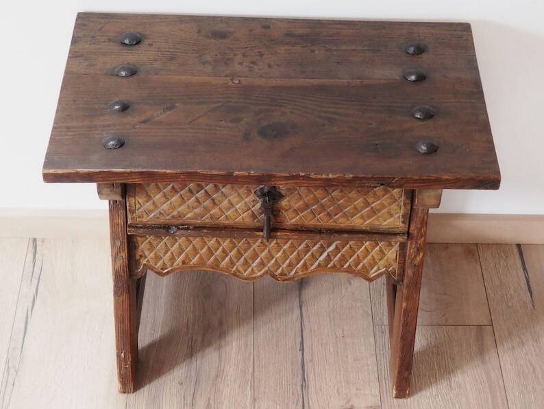 Mid-Century Coffee Table Carved Drawer, Rustic Nailhead Details