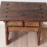 Mid-Century Coffee Table Carved Drawer, Rustic Nailhead Details