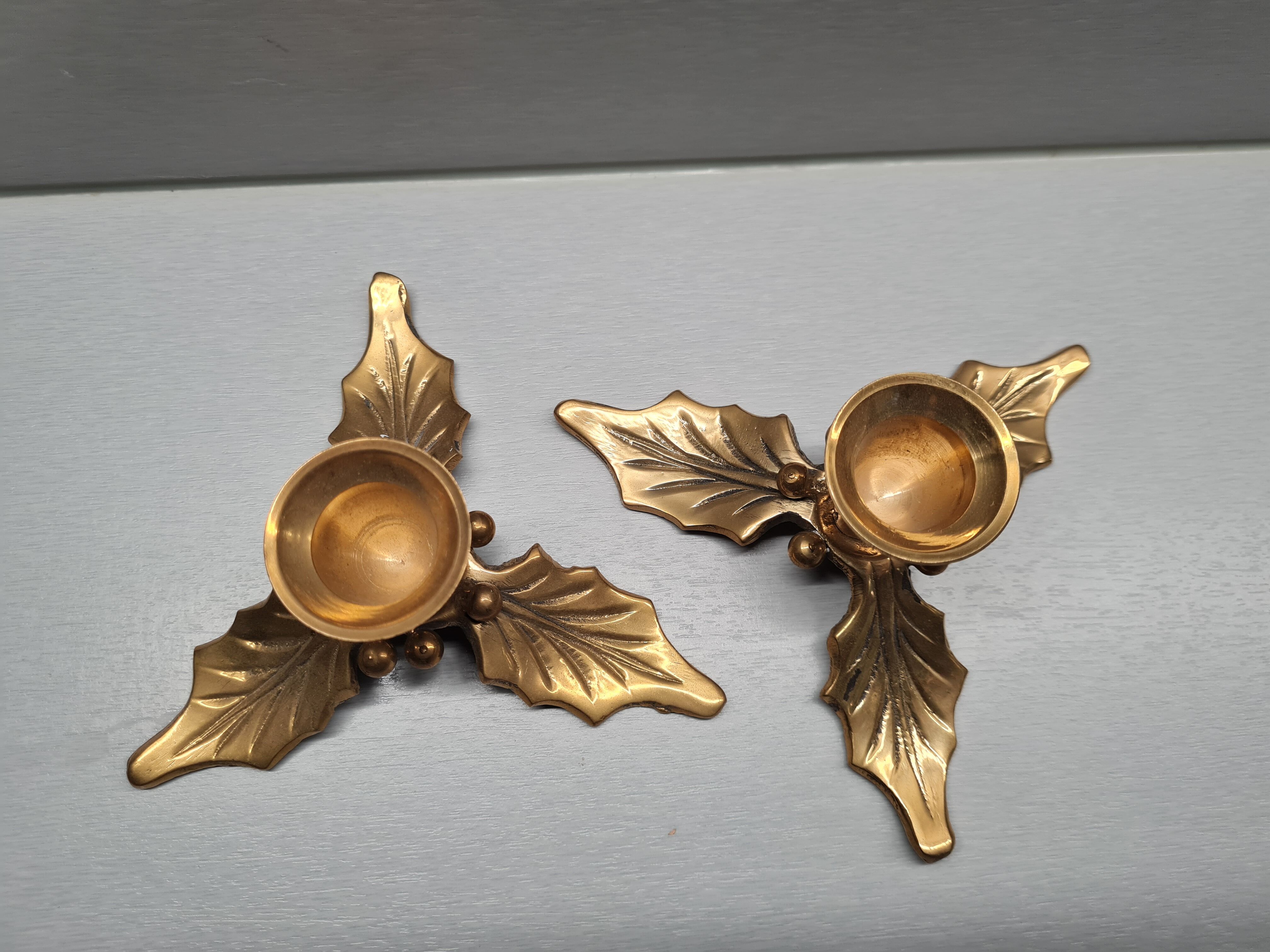 Bougeoirs vintage en laiton déco de noël houx