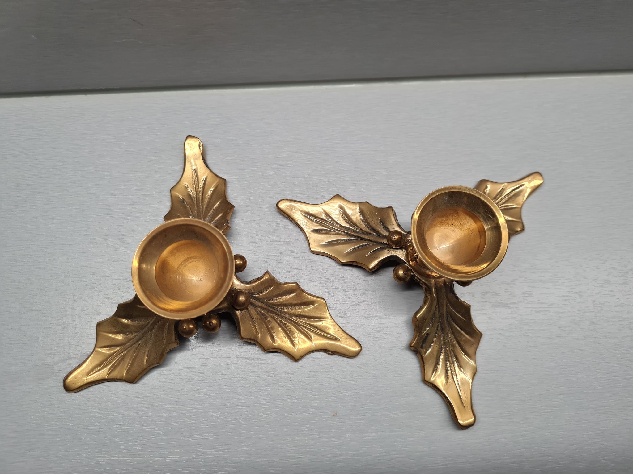 Vintage brass candlesticks Christmas decoration holly