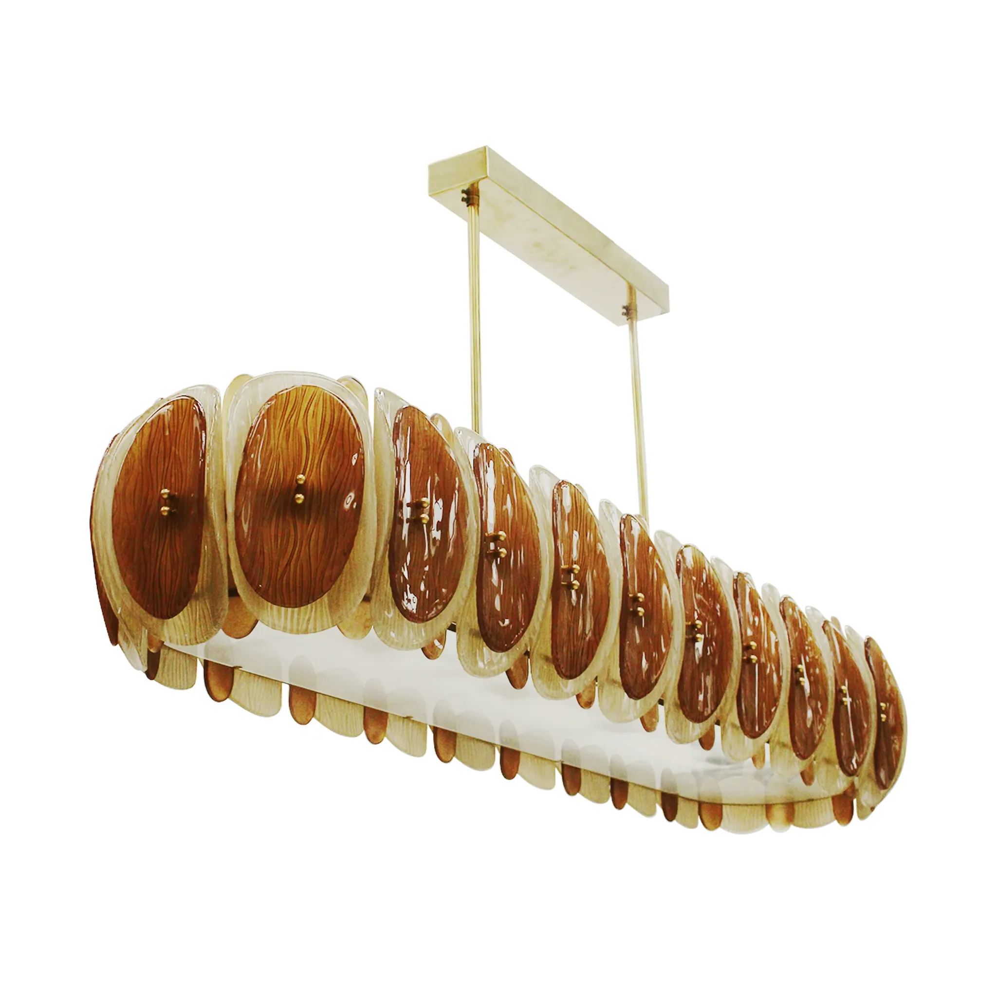 Midmodern Style Italian Brass Pendant Lamp, Brown And Beige Murano Glass