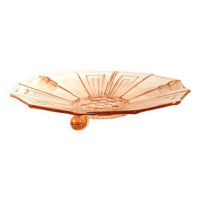 Coupe à fruits verre rosé pressé moulé Art Déco  Diamètre 30 cm.