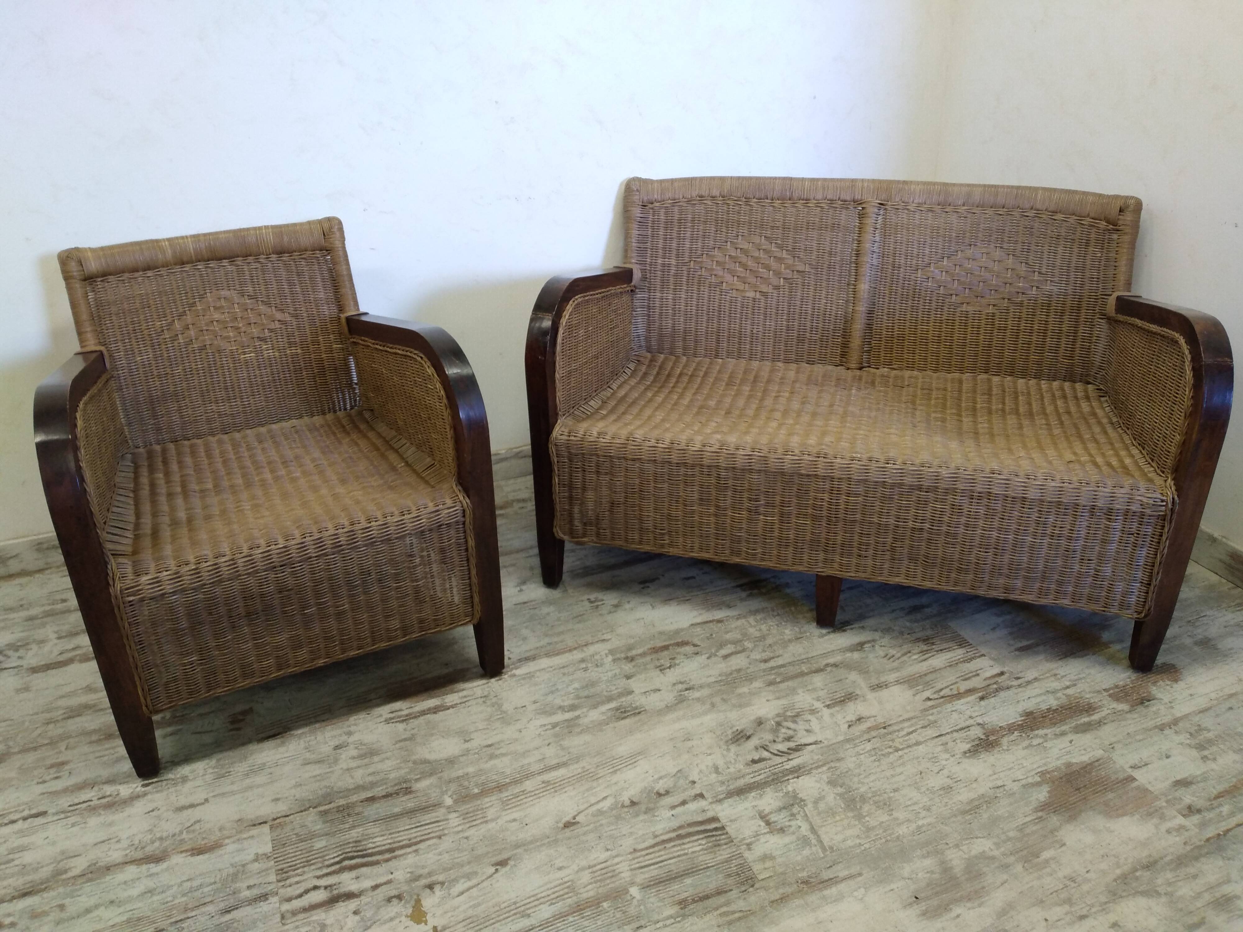 Bench seat and armchair in old rattan