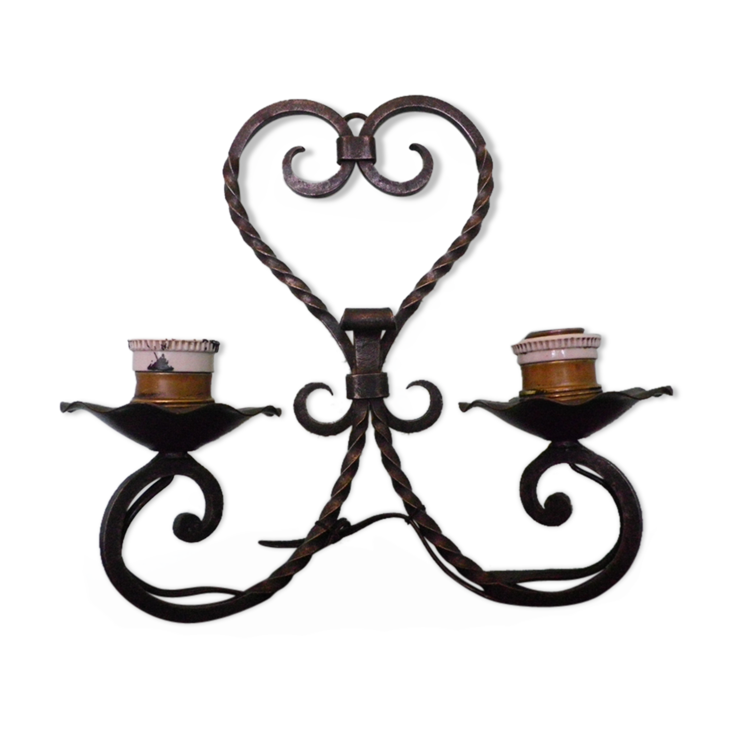 Real wrought iron wall sconce assembled and uns welded, porcelain and brass sleeves -1930/40