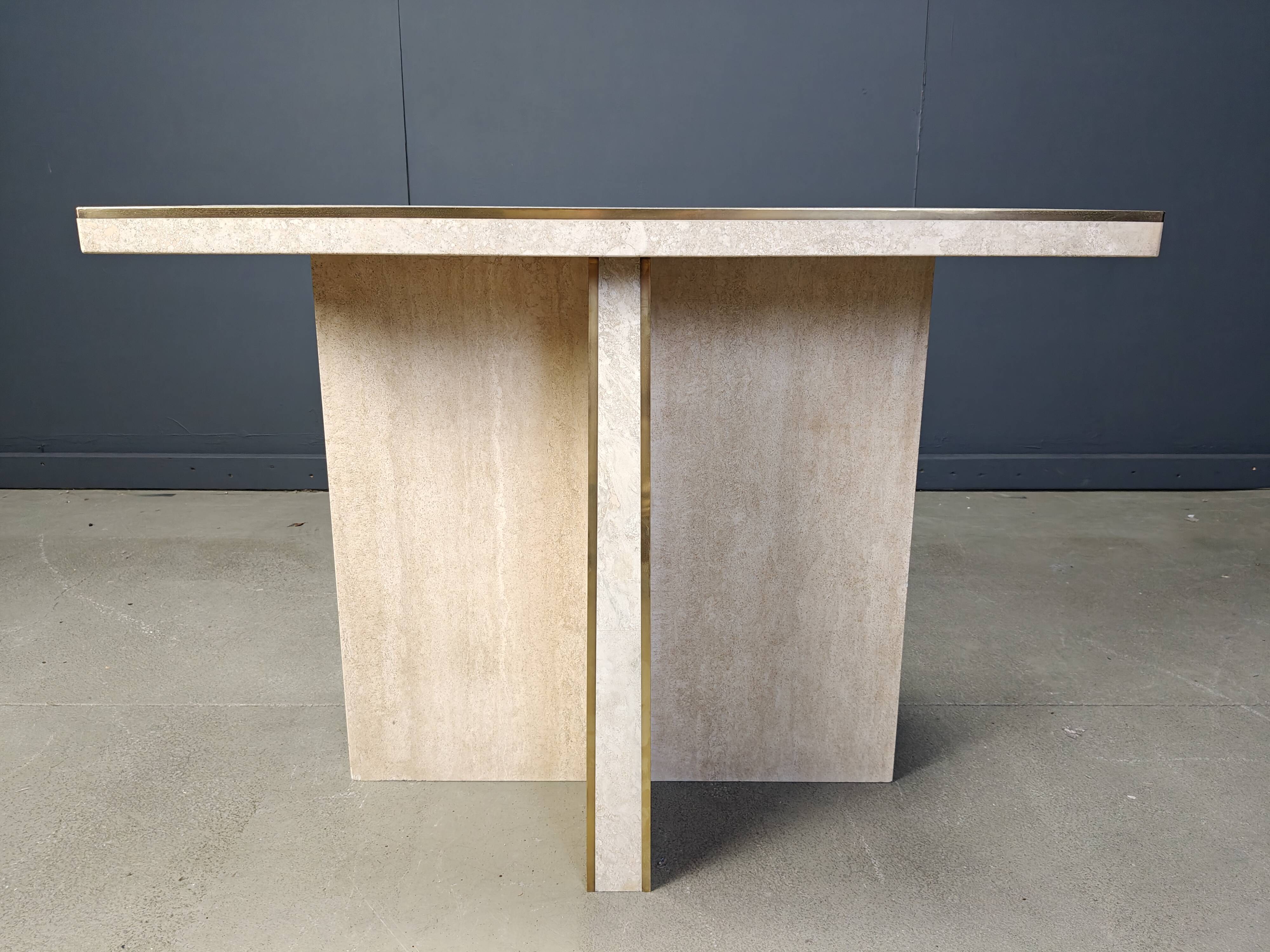Vintage travertine and brass console table, 1970s