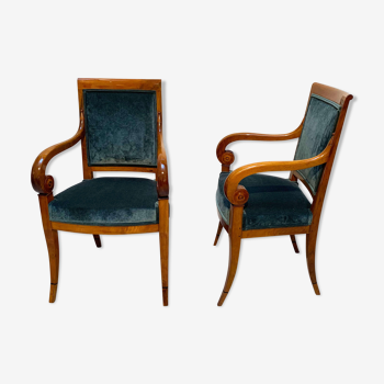 Paire de fauteuils néoclassiques, noyer solide, velours vert, france, vers 1830