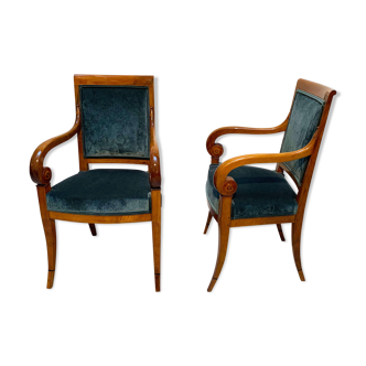 Paire de fauteuils néoclassiques, noyer solide, velours vert, france, vers 1830