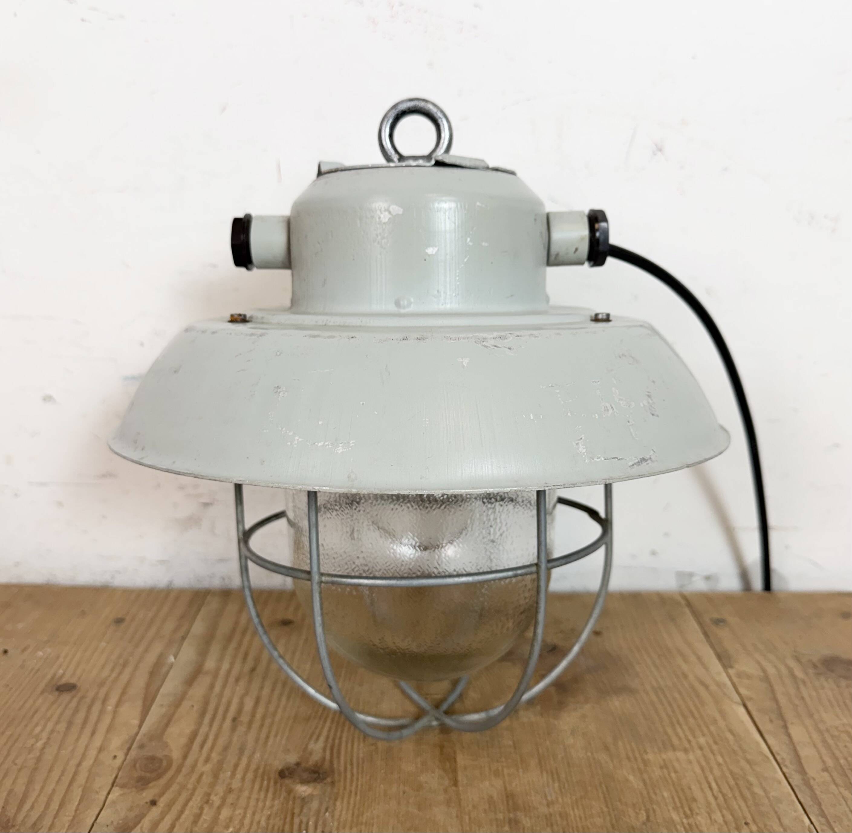 Grey Industrial Aluminium Cage Pendant Lamp with Frosted Glass, 1970s