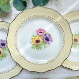 6 vintage porcelain dinner plates with white and golden yellow floral pattern L'Amandinoise "Coopélia" - Vintage floral tableware