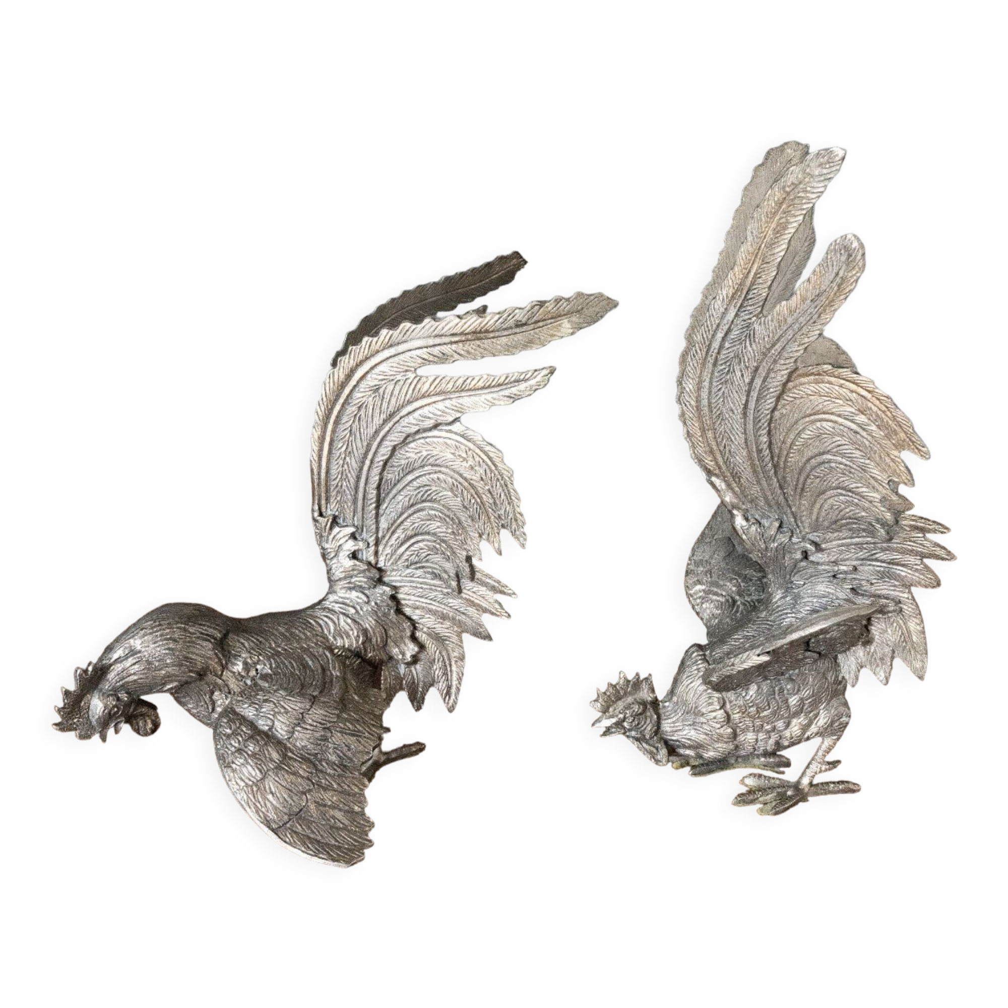 Two roosters in silver metal mid-twentieth century