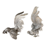 Two roosters in silver metal mid-twentieth century