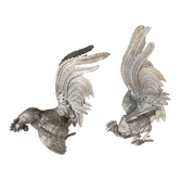 Two roosters in silver metal mid-twentieth century
