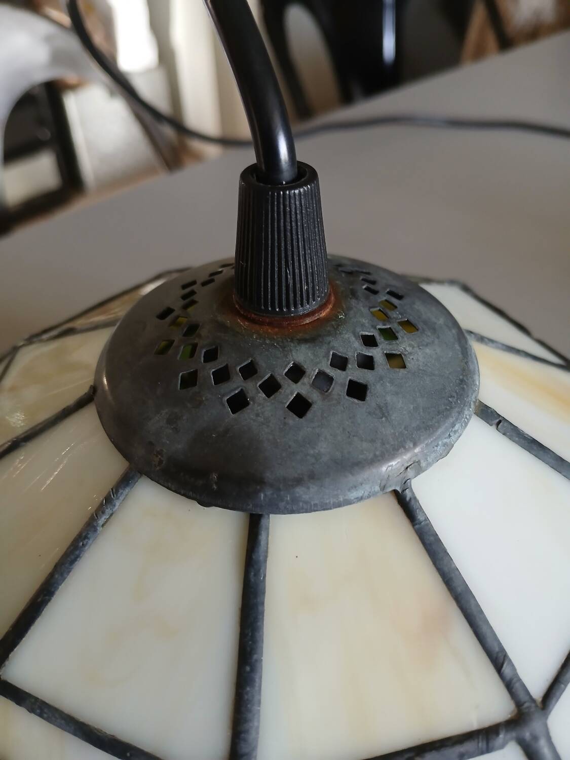 Antique stained glass and tin pendant light