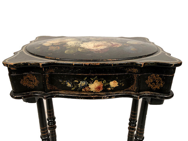 Small table with Napoleon III work, wood and boiled cardboard decorated with flowers painted with flowers