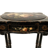 Small table with Napoleon III work, wood and boiled cardboard decorated with flowers painted with flowers