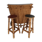 Bar en bambou vintage et deux tabourets