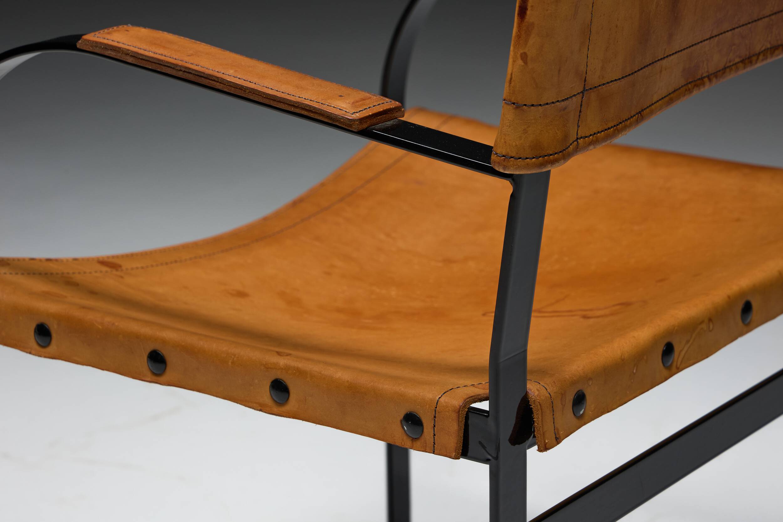 Cognac Leather Armchair, Black Lacquer Steel Frame, Belgium, 1960s