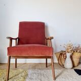 Vintage Scandinavian armchair from the 50s/60s – tapered legs, wood & velvet