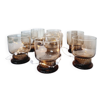 8 French Henkel crystal glasses from the 80s, smoky brown color.