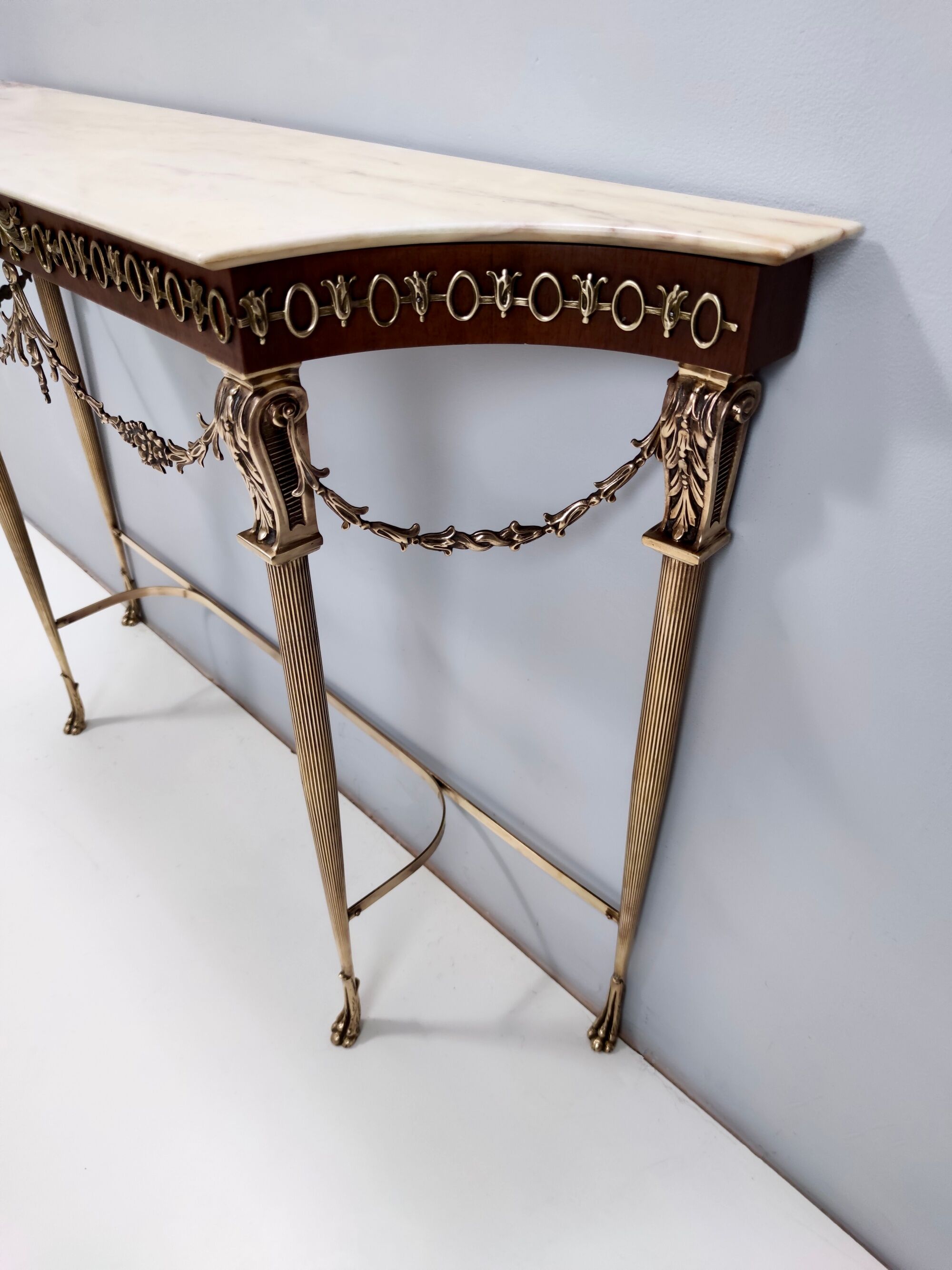 Vintage walnut console with a portuguese pink marble top and brass frame, italy