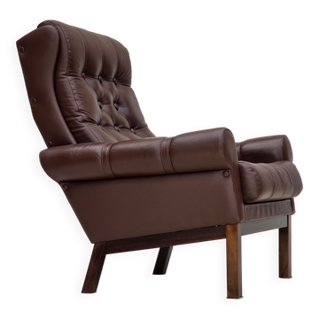 1970s, Danish armchair, original brown furniture leather.