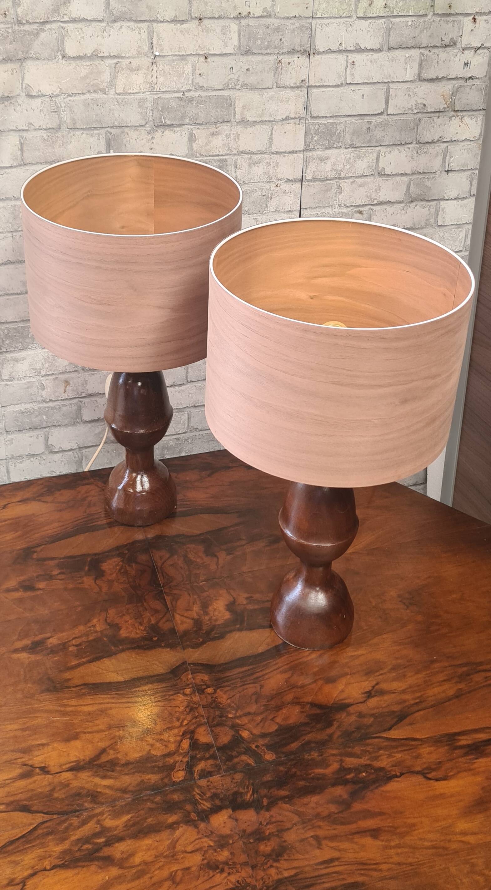 pair of 1960s Scandinavian lamps in solid varnished wood and veneered lampshades