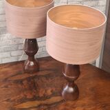 pair of 1960s Scandinavian lamps in solid varnished wood and veneered lampshades